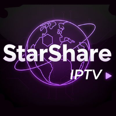 White StarShare IPTV logo with a glowing purple globe and circuit lines on a dark background. Purple play button.