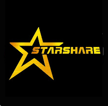 Orange and gold star logo with STARSHARE text on a black background