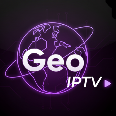 Purple neon globe with orbiting rings on a dark background. White text "Geo IPTV" and a small purple play button.
